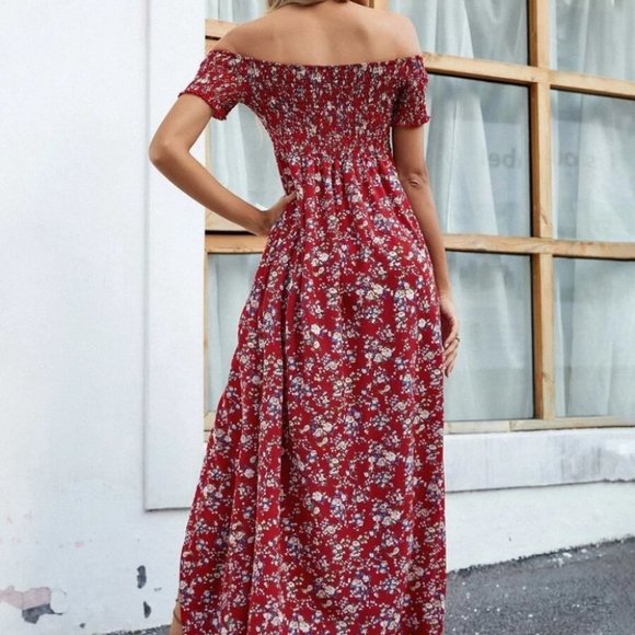 Floral High Split Off Shoulder Dress red - Picture 4 of 7
